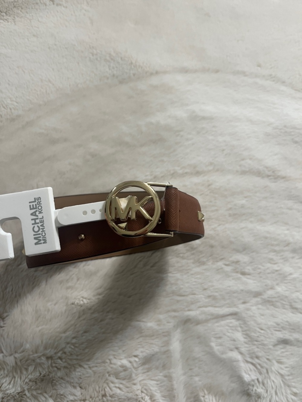 Michael Kors Brown Leather MK Circle Logo Belt with Gold Buckle